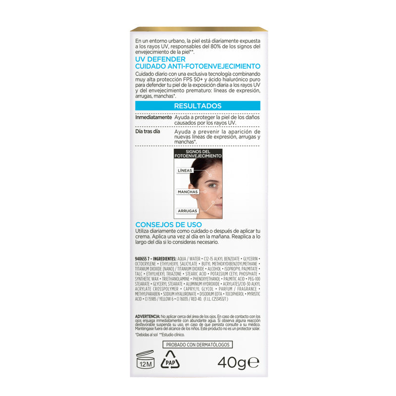 Crema L'Oréal París Uv Defender Hidratación Sin Color Fps50 40Ml - Farmacias Arrocha