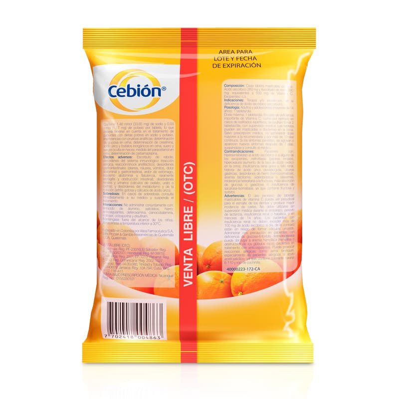 Cebión 500Mg Tabletas Masticables De Vitamina C Sabor A Mandarina Por 12 Unidads - Farmacias Arrocha