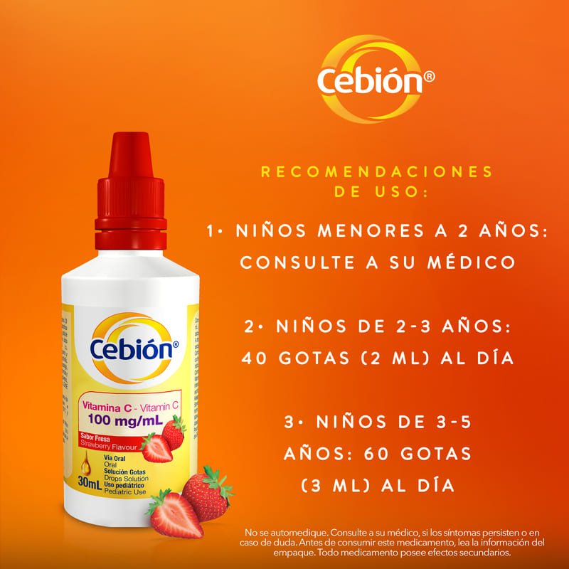 Cebión 100 Mg/Ml Gotas De Vitamina C Sabor A Fresa Con 30Ml - Farmacias Arrocha