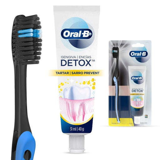 Pasta de dientes Oral - B Pack detox Sarro Prevent 31 ml + Cepillo de dientes Indicator Negro - Farmacias Arrocha