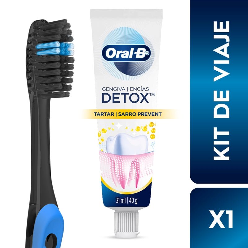 Pasta de dientes Oral - B Pack detox Sarro Prevent 31 ml + Cepillo de dientes Indicator Negro - Farmacias Arrocha
