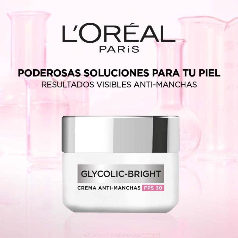 Crema Hidratante Facial Día L'Oréal Paris Glycolic Bright Antimanchas Ácido Glicólico y Niacinamida 50 ml - Farmacias Arrocha