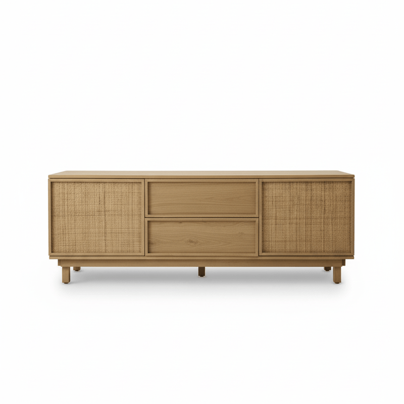 Consola para TV de 55" de madera y mimbre natural. - Farmacias Arrocha