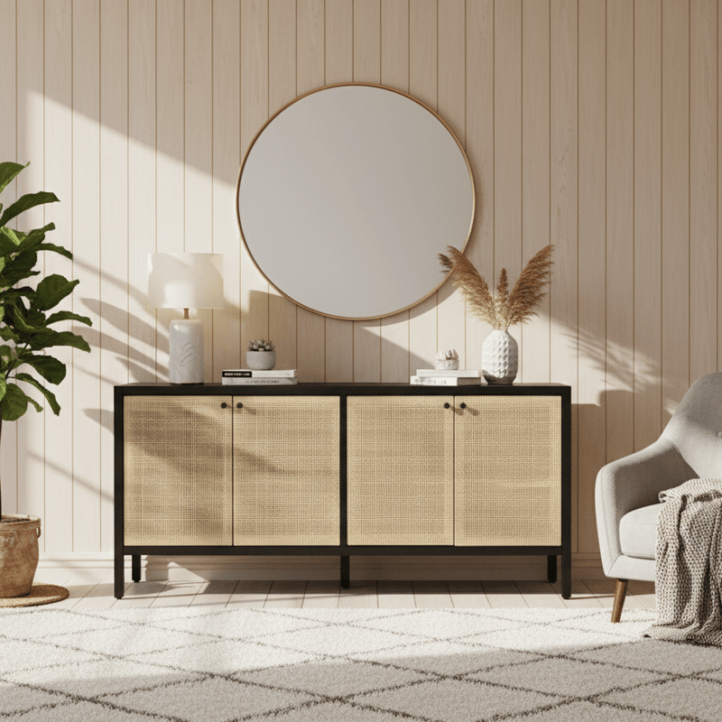 Consola para TV de 60" de madera y mimbre natural. - Farmacias Arrocha